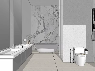 Modern Bathroom Interior With Marble Wall Double Vanity Sinks And Bathtub 3d model