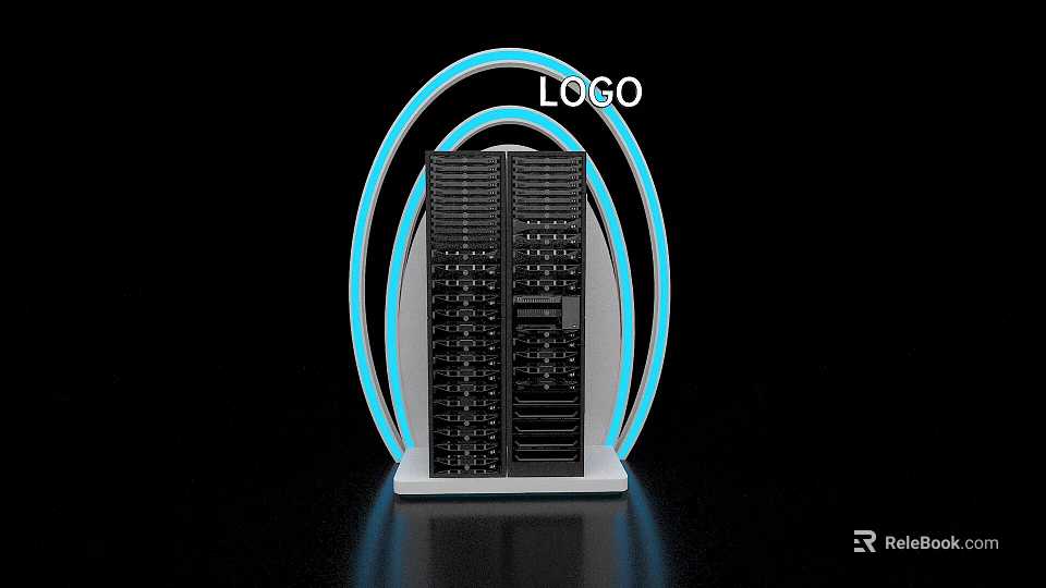 Exhibition Island With Black Main Structure And Blue Circular Neon Lights Top LOGO 3d model 