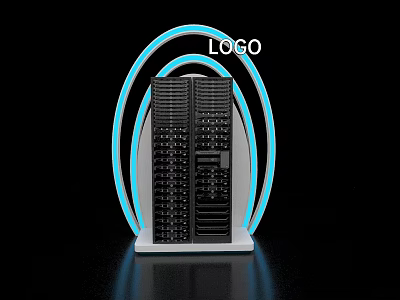 Exhibition Island With Black Main Structure And Blue Circular Neon Lights Top LOGO 3d model