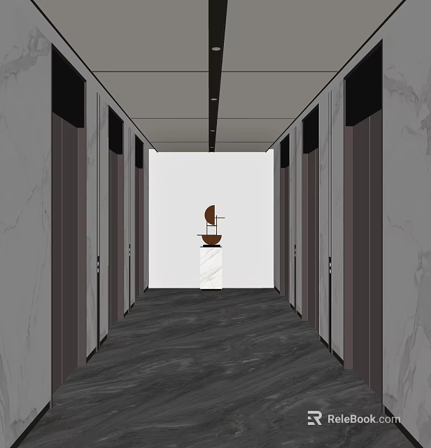 Modern Elevator Hallway With Elevator Doors on Both Sides Central Display Stand and Marble Walls 3d model