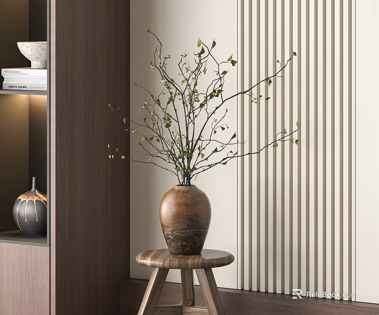 Brown Vase with Green Leaf Branches on Wooden Stool Against Striped Wall and Wooden Background 3d model 