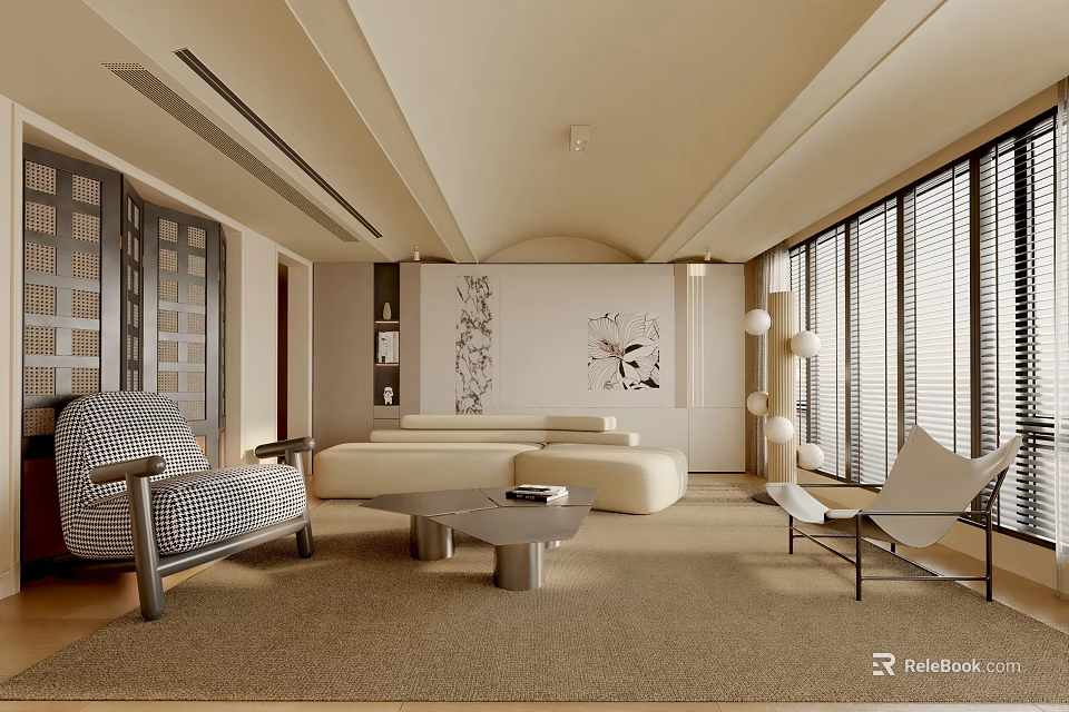 Modern Living Room Interior Design With Beige Sofa Accent Chair And Large Windows 3d model 