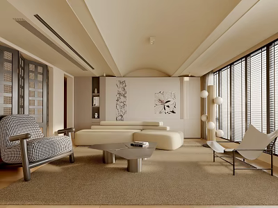 Modern Living Room Interior Design With Beige Sofa Accent Chair And Large Windows 3d model