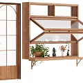 Wooden Arched Glass Door And Wall Mounted Plant Shelf With Potted Plants