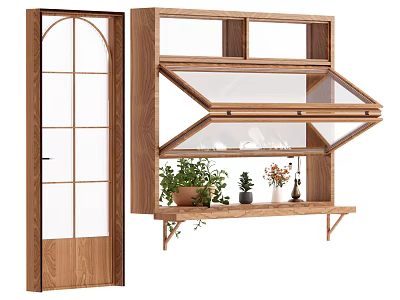 Wooden Arched Glass Door And Wall Mounted Plant Shelf With Potted Plants 3d model