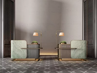Elegant Hotel Front Desk With Green Seats Brass Lamps And Marble Counter 3d model