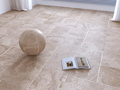 Beige Square Textured Floor Tiles In Bright Indoor Space With Decorative Sphere And Open Book 3d model