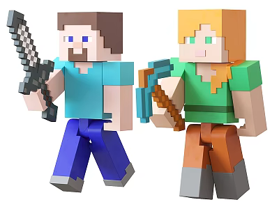 Cute Minecraft Style Pet Toys Featuring Blue Green Character Figures Holding Sword And Bow 3d model