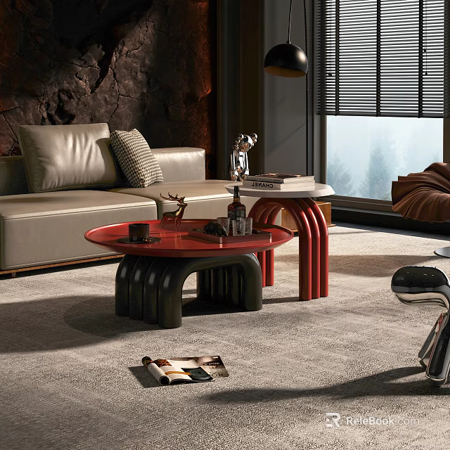 Modern Living Room With Red Round Coffee Table Sofa Rug And Decorative Items 3d model 
