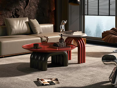 Modern Living Room With Red Round Coffee Table Sofa Rug And Decorative Items 3d model