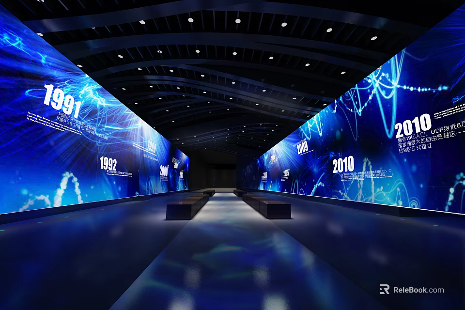 Blue Tech Exhibition Hall Corridor With 1981 1992 2010 Year Markers And Digital Screens On Both Sides 3d model 