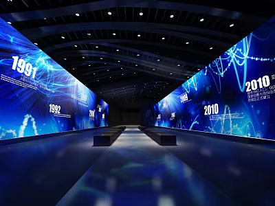 Blue Tech Exhibition Hall Corridor With 1981 1992 2010 Year Markers And Digital Screens On Both Sides 3d model