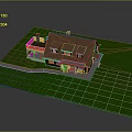Wooden Detached Villa With Brown Roof Chimney And Pathway On Green Lawn