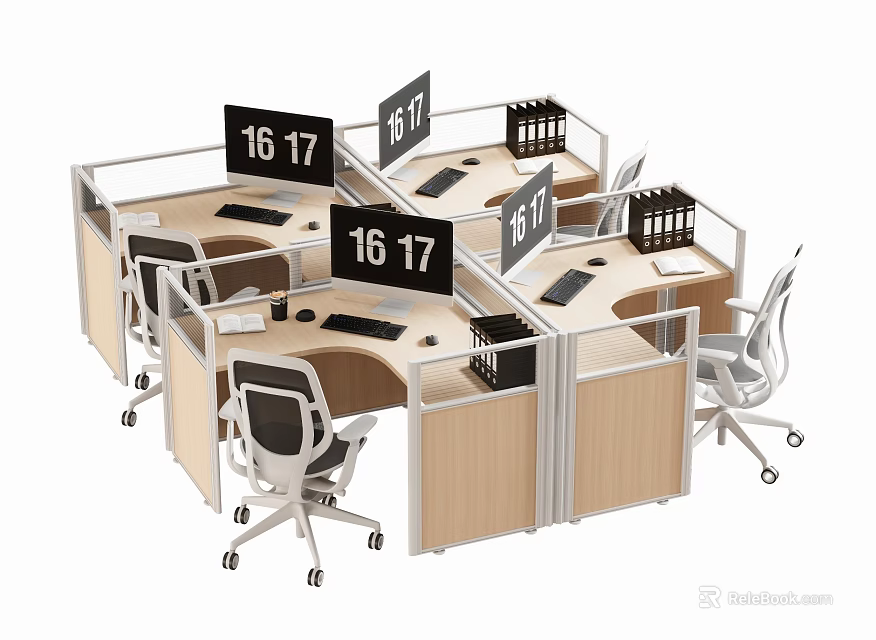 Modern Partitioned Office Desk Setup With Screens Computers And Ergonomic Chairs 3d model