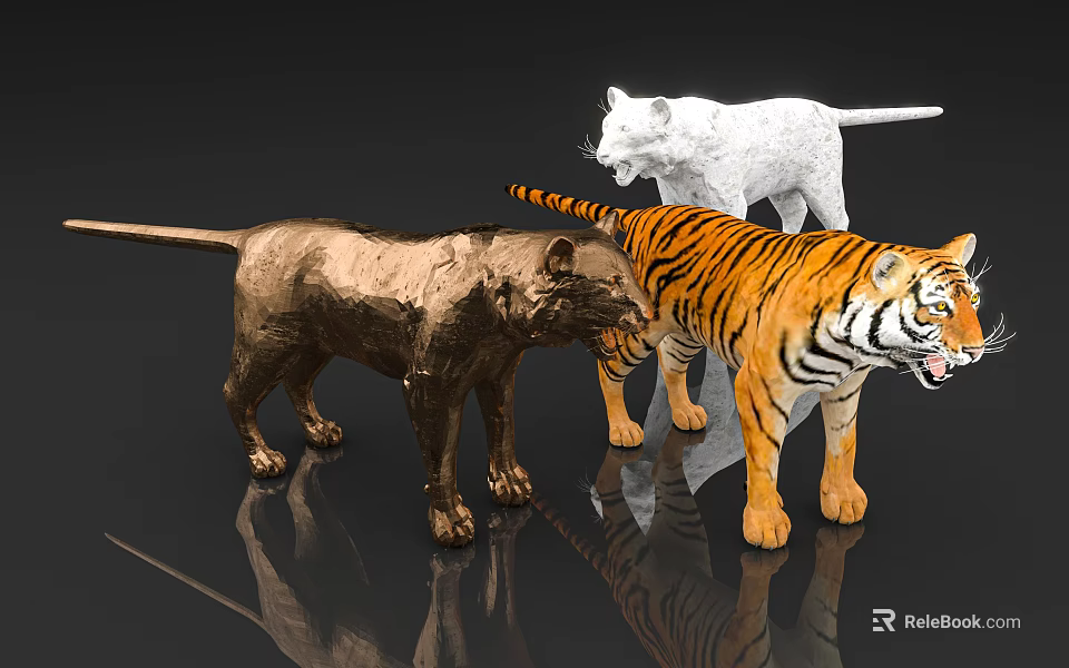 Realistic Wild Animal Sculpture Carvings With Brown Panther White Lion And Orange Striped Tiger 3d model 