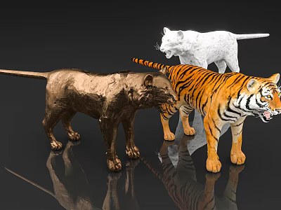 Realistic Wild Animal Sculpture Carvings With Brown Panther White Lion And Orange Striped Tiger 3d model