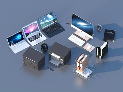 Essential Office Supplies Including Laptops Desktop Computers Printers Cameras Books Folders And USB Drives 3d model