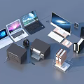 Essential Office Supplies Including Laptops Desktop Computers Printers Cameras Books Folders And USB Drives