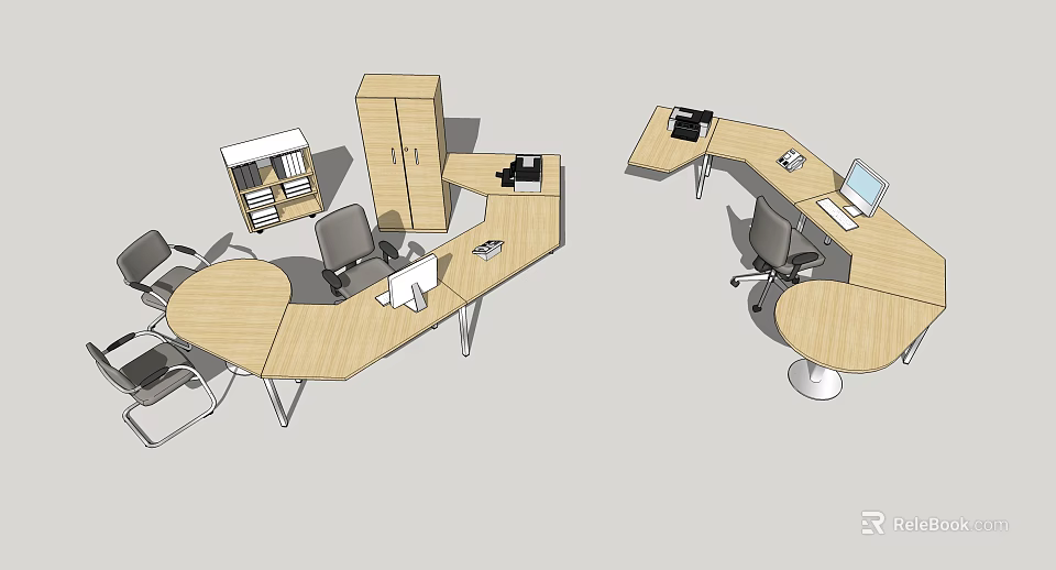 L Shaped Office Desk With Ergonomic Chair Laptop And Storage Cabinet 3d model 