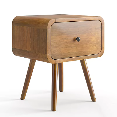 Modern Wooden Nightstand With Single Drawer Black Knob And Three Legs Design 3d model