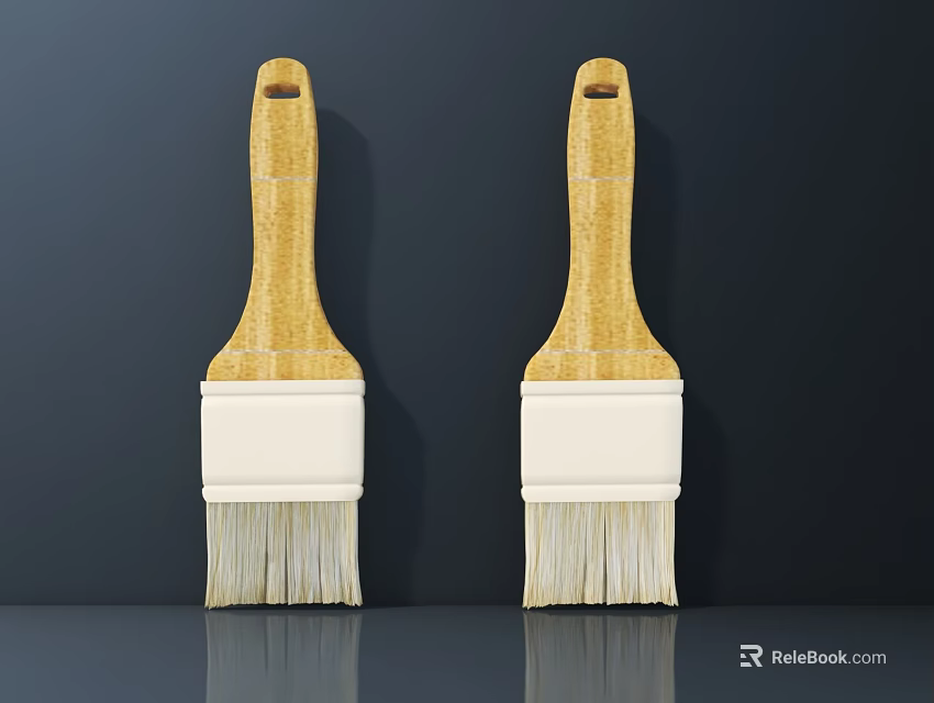 Household Paintbrushes With Wooden Handles And White Bristles On Dark Background 3d model 