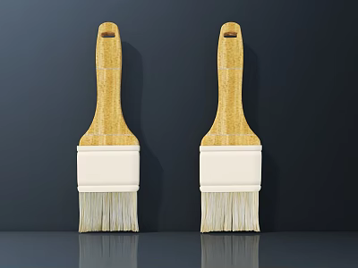 Household Paintbrushes With Wooden Handles And White Bristles On Dark Background 3d model