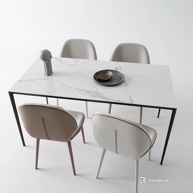 Modern Dining Table Set With Marble Tabletop Black Legs And Four Light Gray White Chairs 3d model