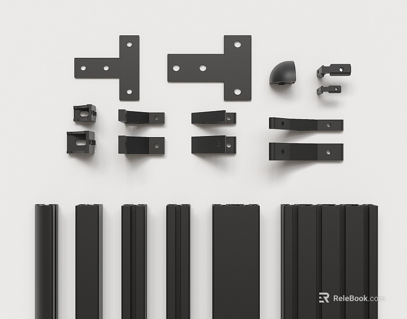 Assortment Of Different Types Of Black Metal Hardware Components And Profiles 3d model 