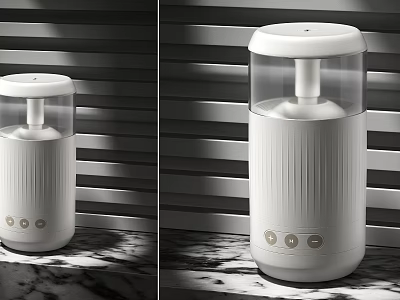 White Cylindrical Humidifier With Stripe Design On Marble Surface And Blind Background 3d model