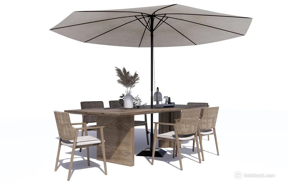 Outdoor Dining Table And Chairs Set With Wooden Top Wicker Seats And Umbrella 3d model 