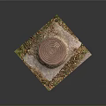 Green Plants Growing Around Circular Red Brick Structure On Stone Slab With Fallen Leaves