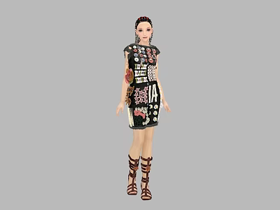 Woman in Black Dress with Various Patterns and Text Wearing Brown Strappy Sandals 3d model
