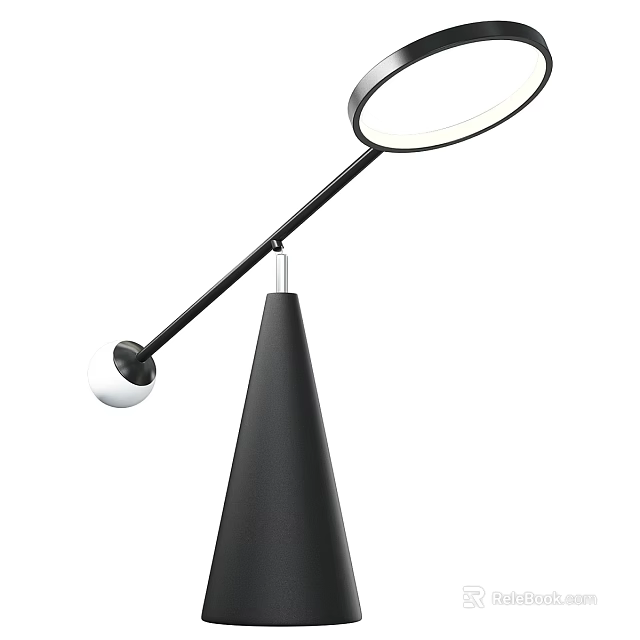 Modern Conical Black Base Table Lamp with Long Arm and Round White Light Head 3d model 
