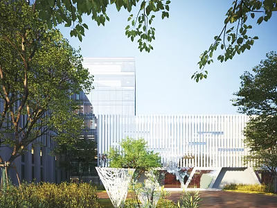 Modern Office Building With Glass Curtain Walls Greenery And White Garden Courtyard Design 3d model
