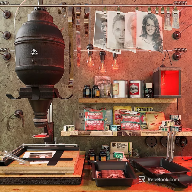 Vintage Wall Hangings In Retro Kitchen With Photos Bulbs Cans And Decorative Items 3d model 