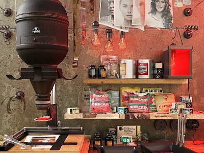 Vintage Wall Hangings In Retro Kitchen With Photos Bulbs Cans And Decorative Items 3d model