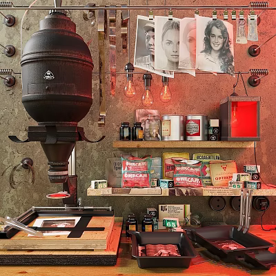 Vintage Wall Hangings In Retro Kitchen With Photos Bulbs Cans And Decorative Items 3d model