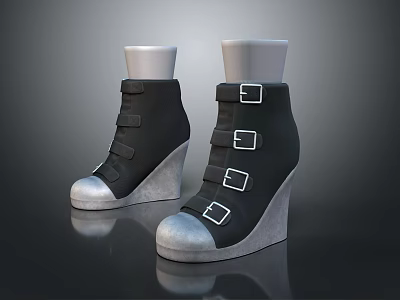 Black Women's Wedge Ankle Shoes With Silver Buckles And Metallic Toe Cap 3d model