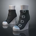 Black Women's Wedge Ankle Shoes With Silver Buckles And Metallic Toe Cap