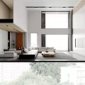 Bright Modern Minimalist High Ceiling Living And Dining Room With Comfortable Sofa And Large Windows