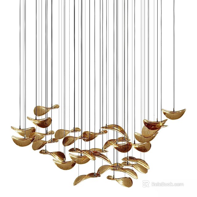Chandelier with Multiple Golden Leaf Shaped Elements Suspended by Thin Wires for Modern Spaces 3d model