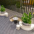Modern Lounge Area With White Curved Sofas Black Slat Walls Green Plants Sunset View