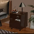 Wooden Bedroom Nightstand With Table Lamp Fruit Basket Vase Magazine Plant And Picture Frame