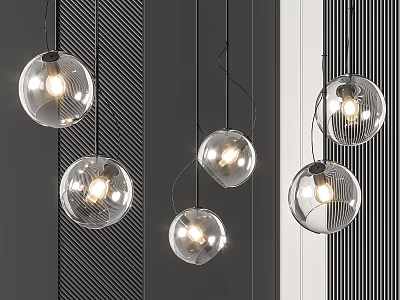 Modern Transparent Spherical Pendant Lights With Illuminated Glass Balls And Dark Striped Background 3d model