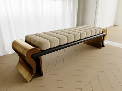 Modern Sofa Bench With Beige Padded Cushion And Curved Wooden Frame Design 3d model