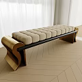 Modern Sofa Bench With Beige Padded Cushion And Curved Wooden Frame Design
