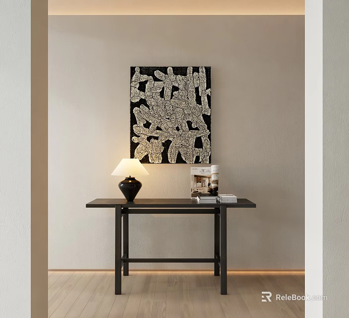 Modern Black Console Table with Table Lamp and Decorative Artwork in Minimalist Interior 3d model