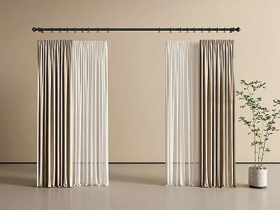 Modern Interior Curtains In Neutral Tones With Elegant Drapes And Potted Plant 3d model