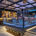 Modern Lunar Bar Interior With Open Counter Blue Lighting Fish Tank And Moon Decoration