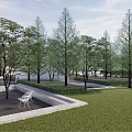 Modern Park Landscape With Green Trees White Walls And Paved Seating Area